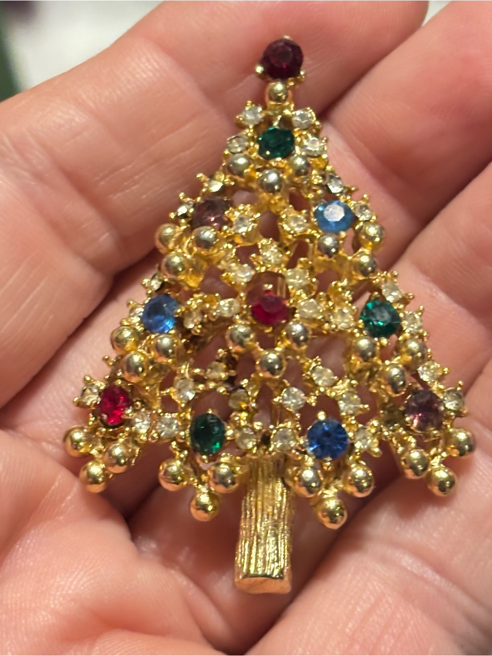 Gold-Tone Multicolor Crystal Christmas Tree Brooch - Brand Unspecified